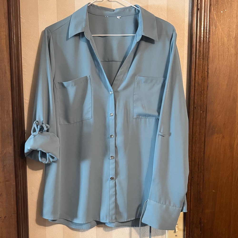 Light Blue Silver Button-Up Blouse
